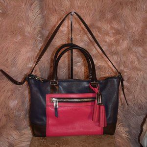 COACH COLORBLOCK MOLLY FUCHSIA PINK/NAVY/BLACK LEATHER SATCHEL - LIKE NEW 21134